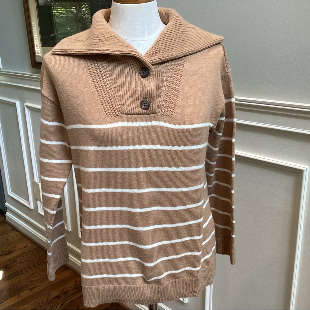 Talbots Tan and White V-Neck Sweater Nautical Stripes
